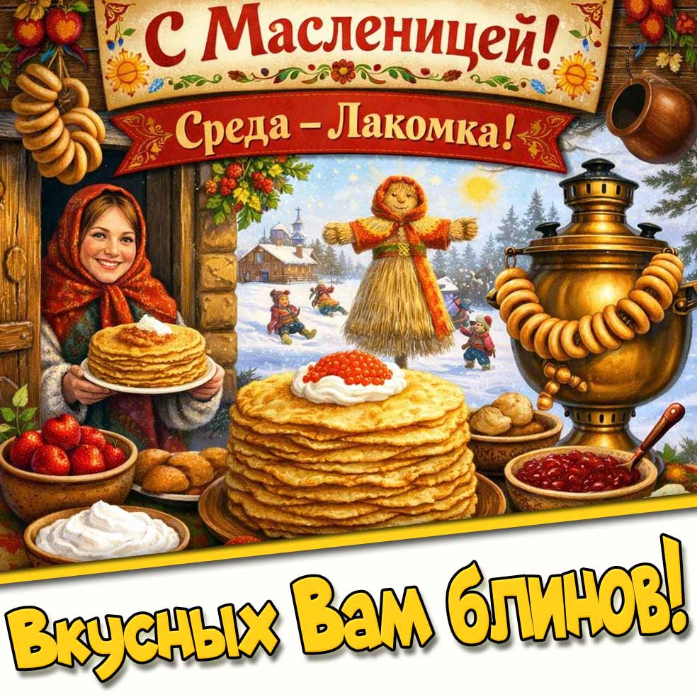 Открытка "С масленицей! Среда - Лакомка! Вкусных Вам блинов!"