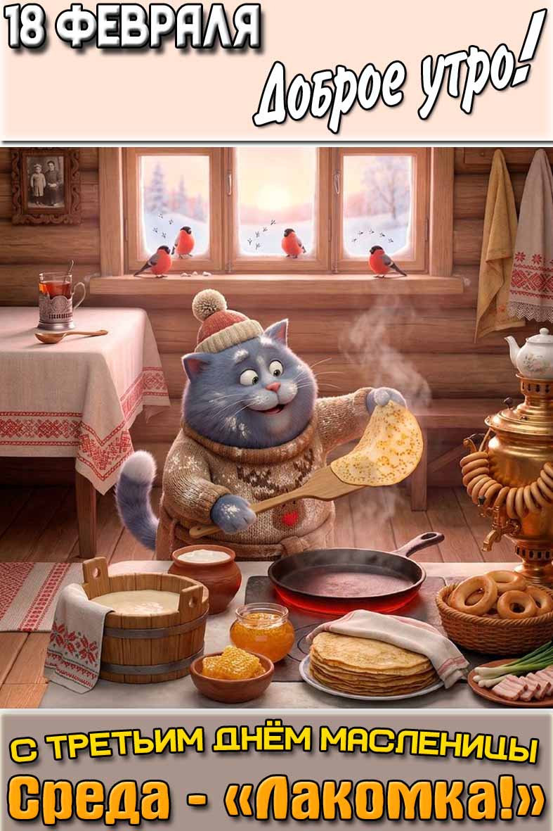 Открытка "18 февраля доброе утро! С третьим днём Масленицы среда - «Лакомка!»"