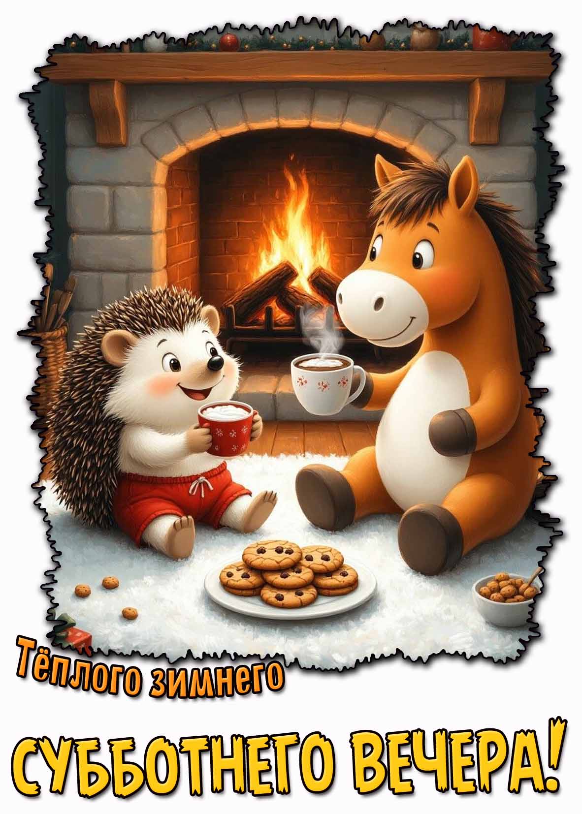 Тёплого зимнего субботнего вечера! - открытка с камином