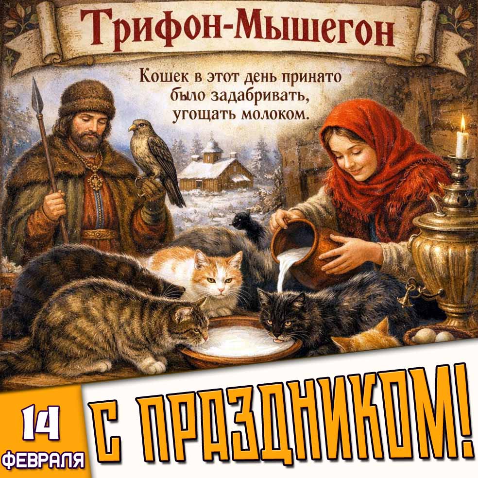 Открытка "14 февраля Трифон-Мышегон! С праздником!"