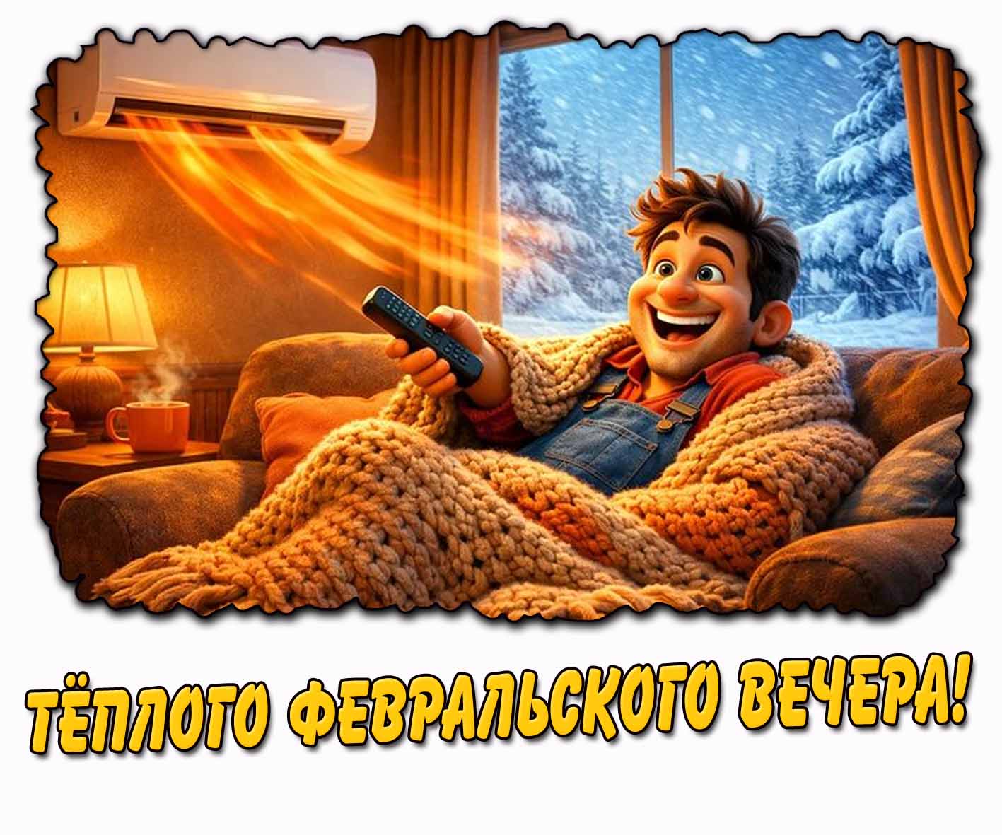Прикольная открытка тёплого февральского вечера