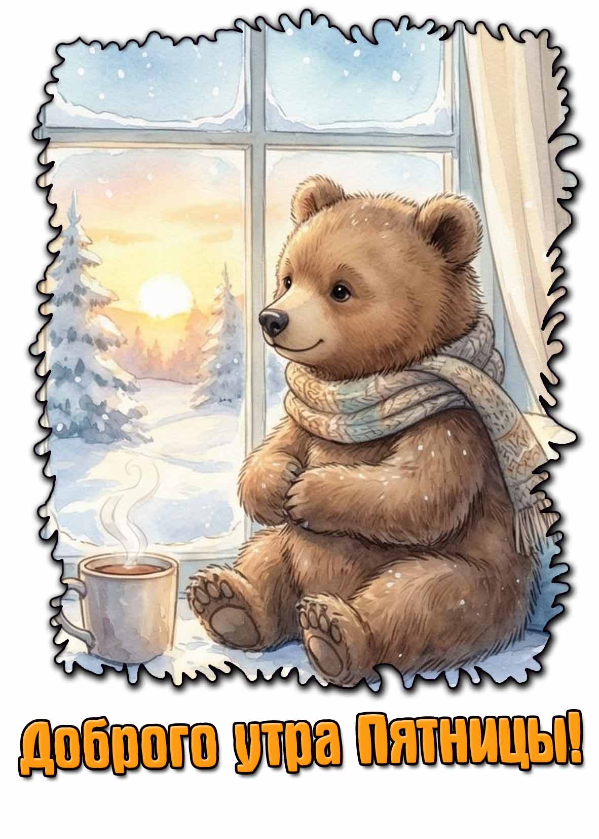 Доброго утра пятницы! - зимняя открытка с медведем