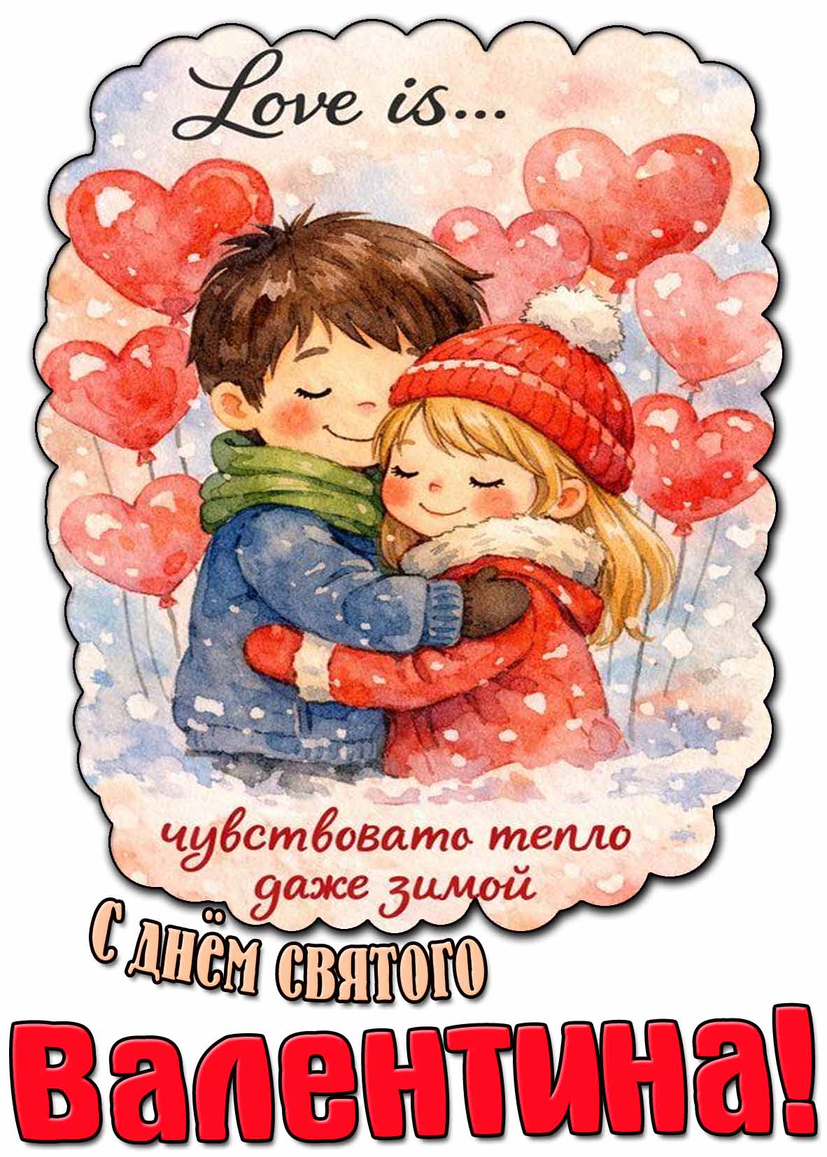 Прикольная открытка "С днём святого Валентина! Love is... Чувствовать тепло даже зимой!"