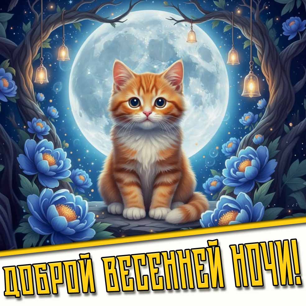 Доброй весенней ночи! - открытка с котёнком