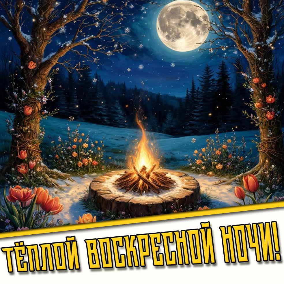 Весенне-снежная открытка "Тёплой воскресной ночи!"
