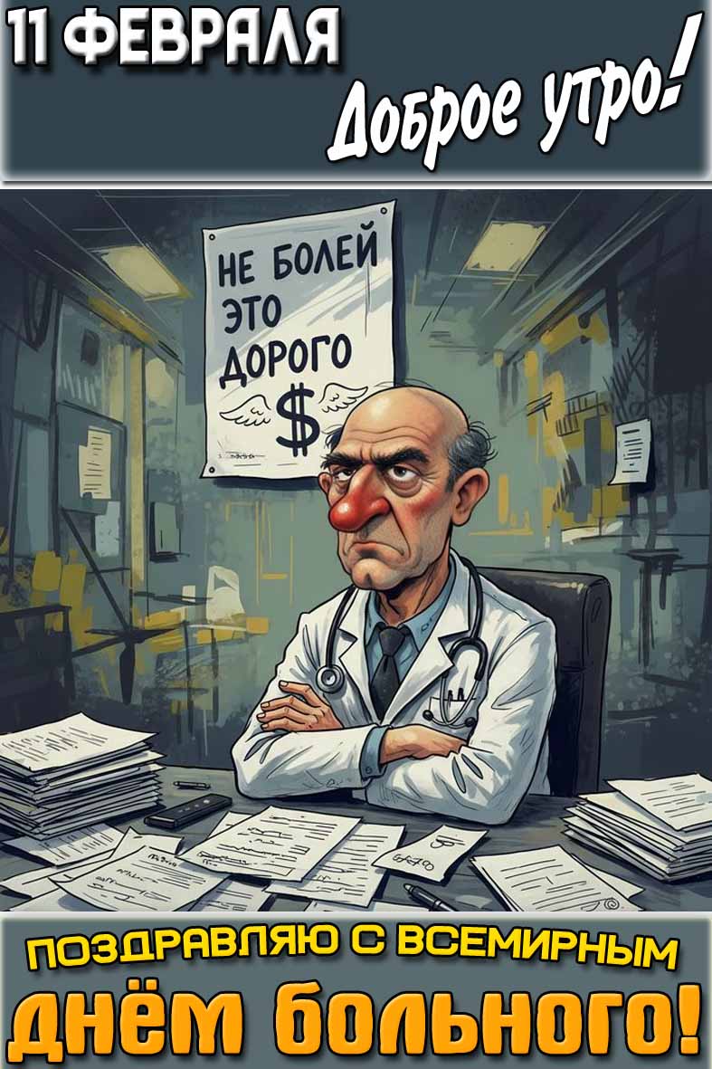 Прикольная открытка "11 февраля доброе утро! Поздравляю с Всемирным днём больного! Не болей это дорого!"