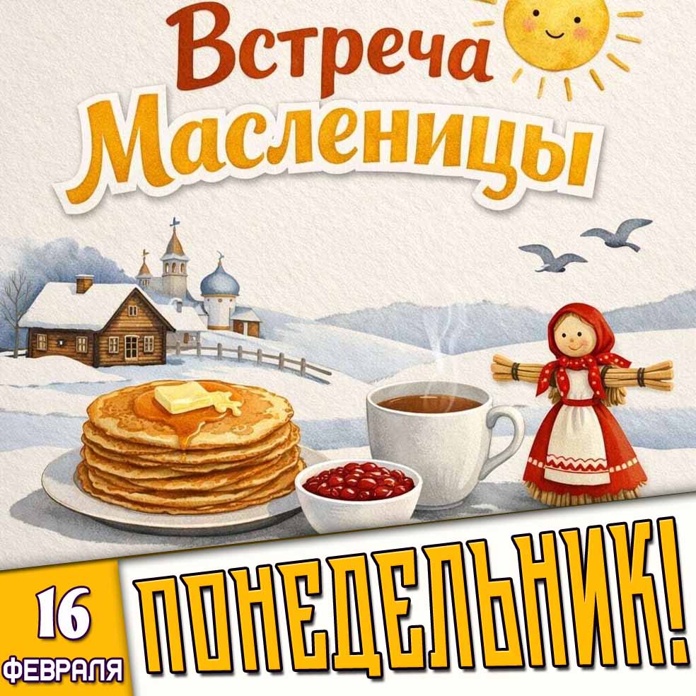 Открытка "16 февраля понедельник! Встреча Масленицы!"