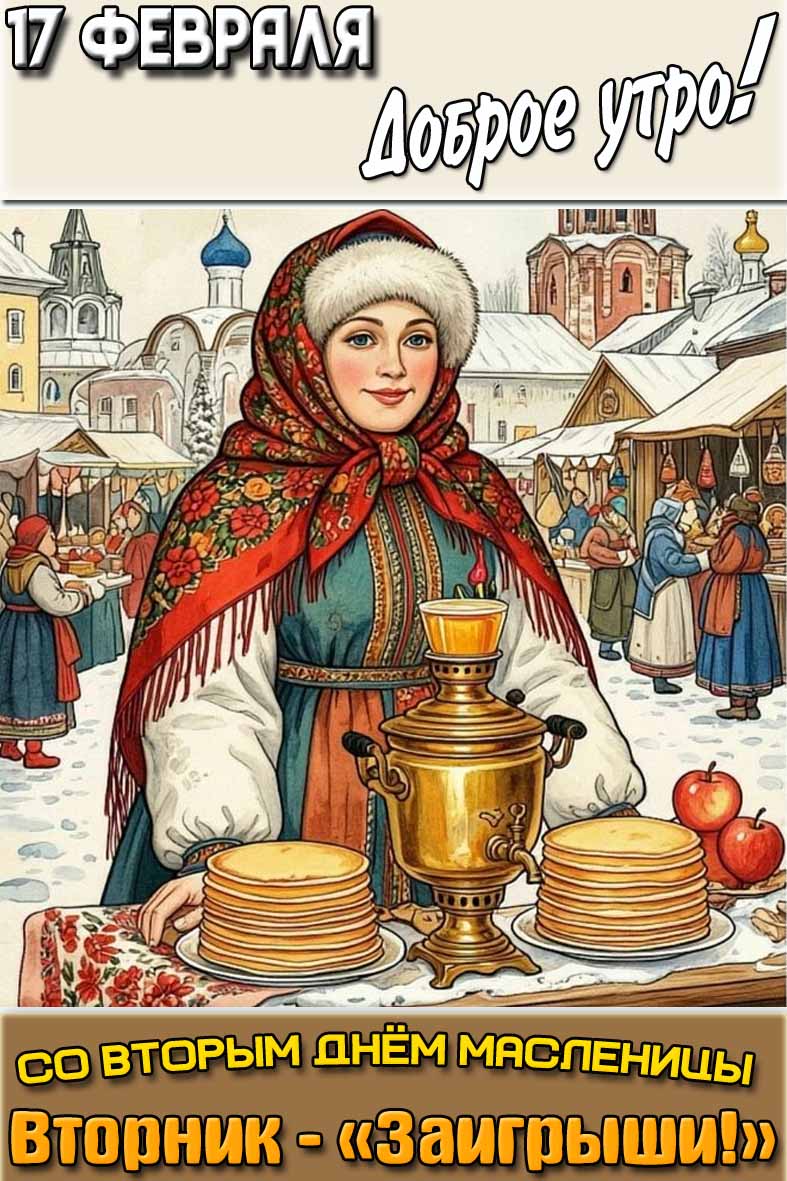 Открытка "17 февраля доброе утро! Со вторым днём Масленицы Вторник - «Заигрыши!»"