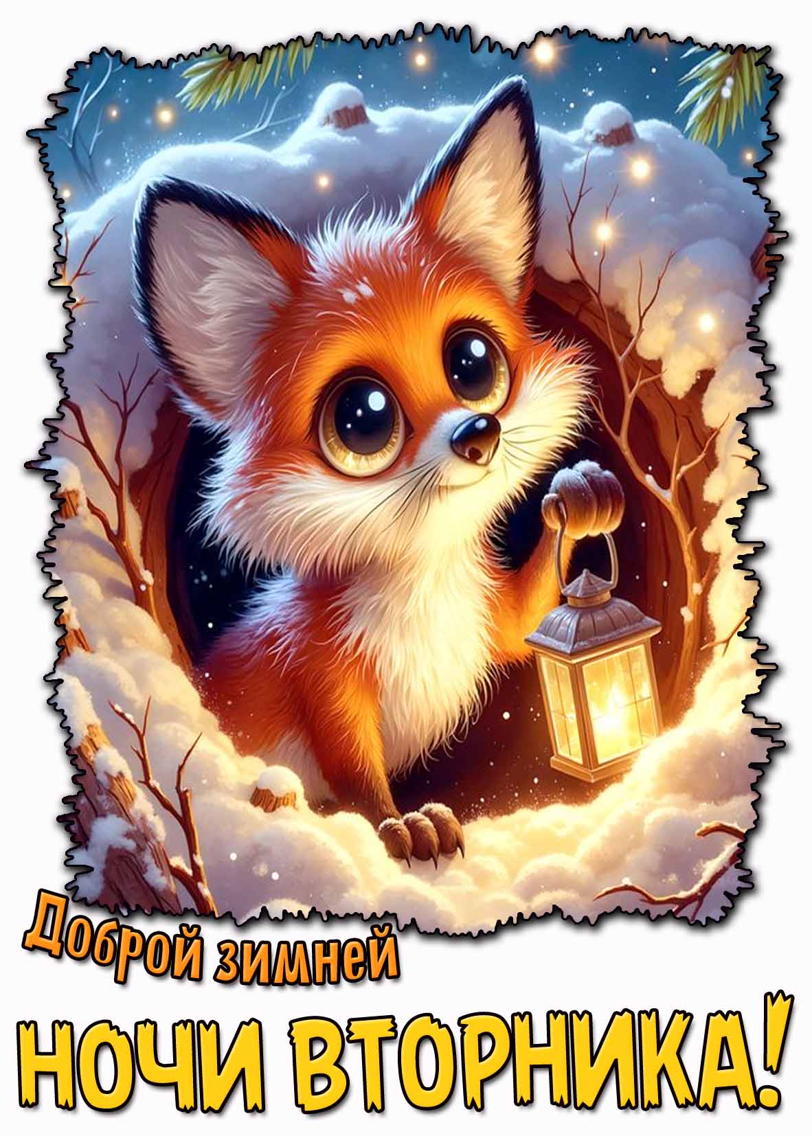 Доброй зимней ночи вторника! - мультяшная открытка