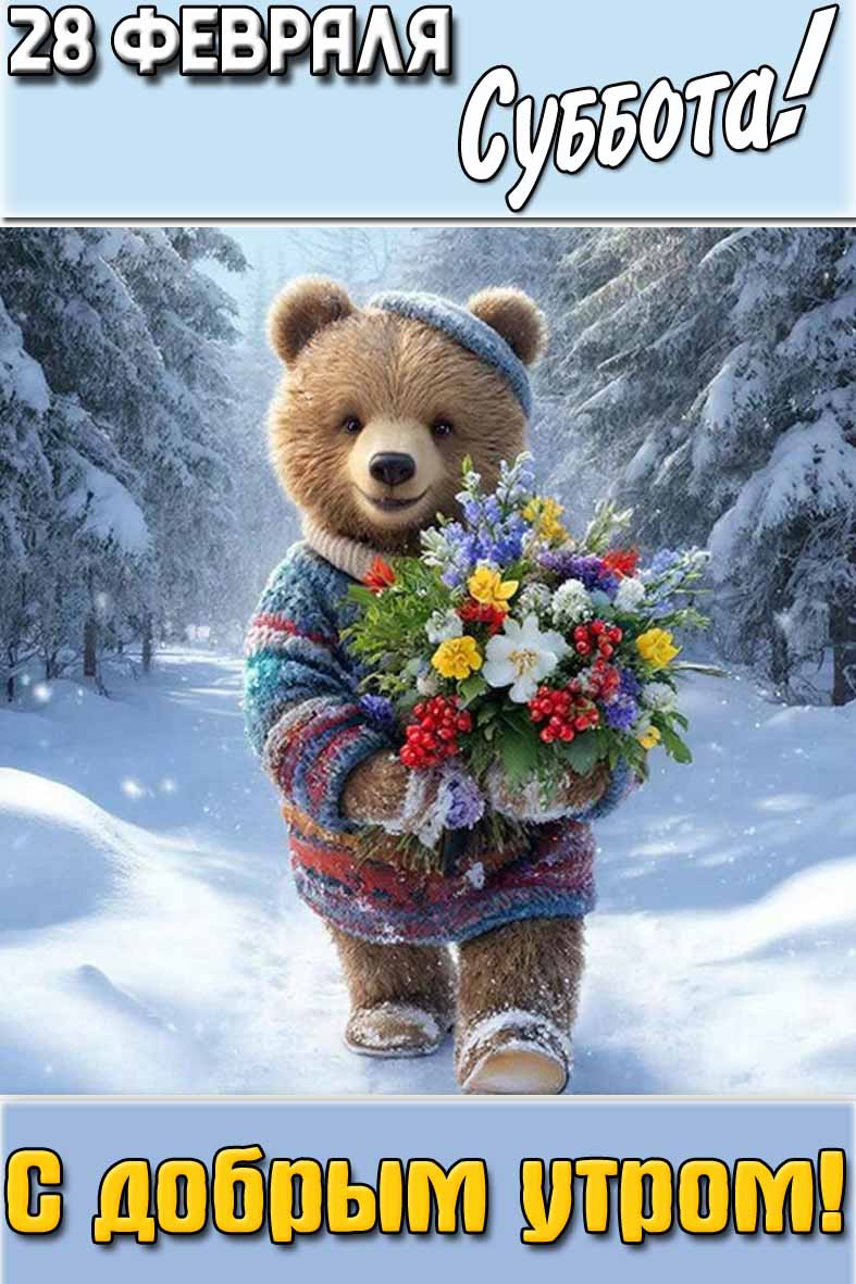Красивая открытка в последний день зимы с медведем с букетом весенним цветов в ещё снежном лесу и надписью : "28 февраля суббота! С добрым утром!"/ Открытка "28 февраля суббота! С добрым утром!"