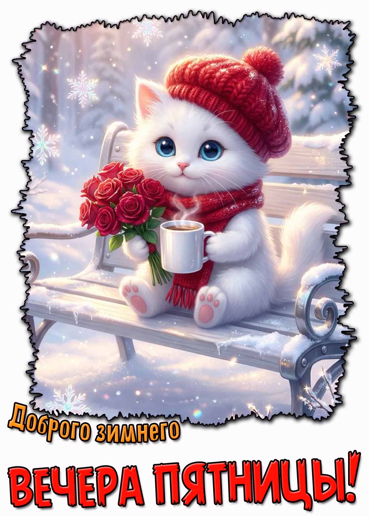 Доброго зимнего вечера пятницы! - открытка с котёнком