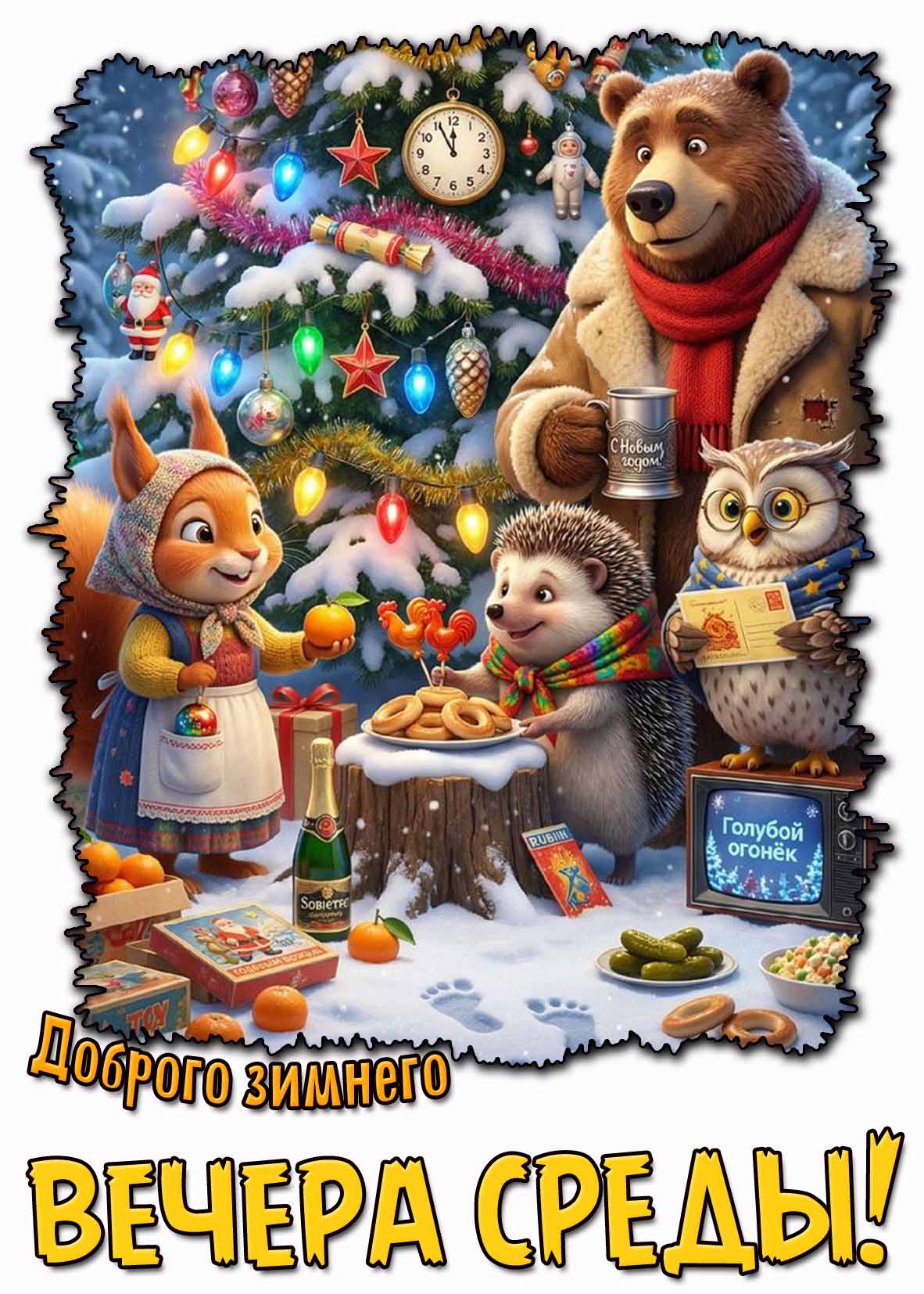 Мультяшная открытка доброго зимнего вечера среды
