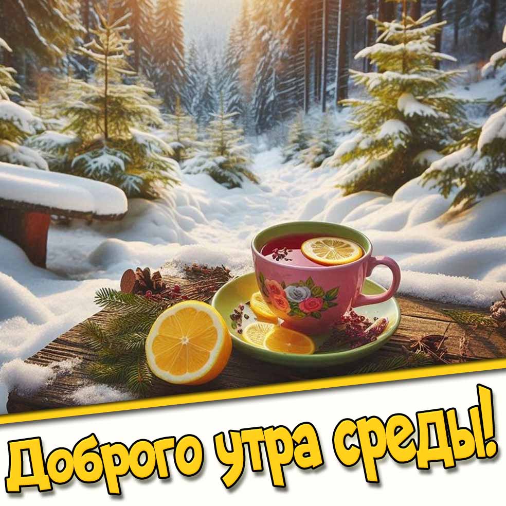 Доброго утра среды! - зимняя открытка с чаем