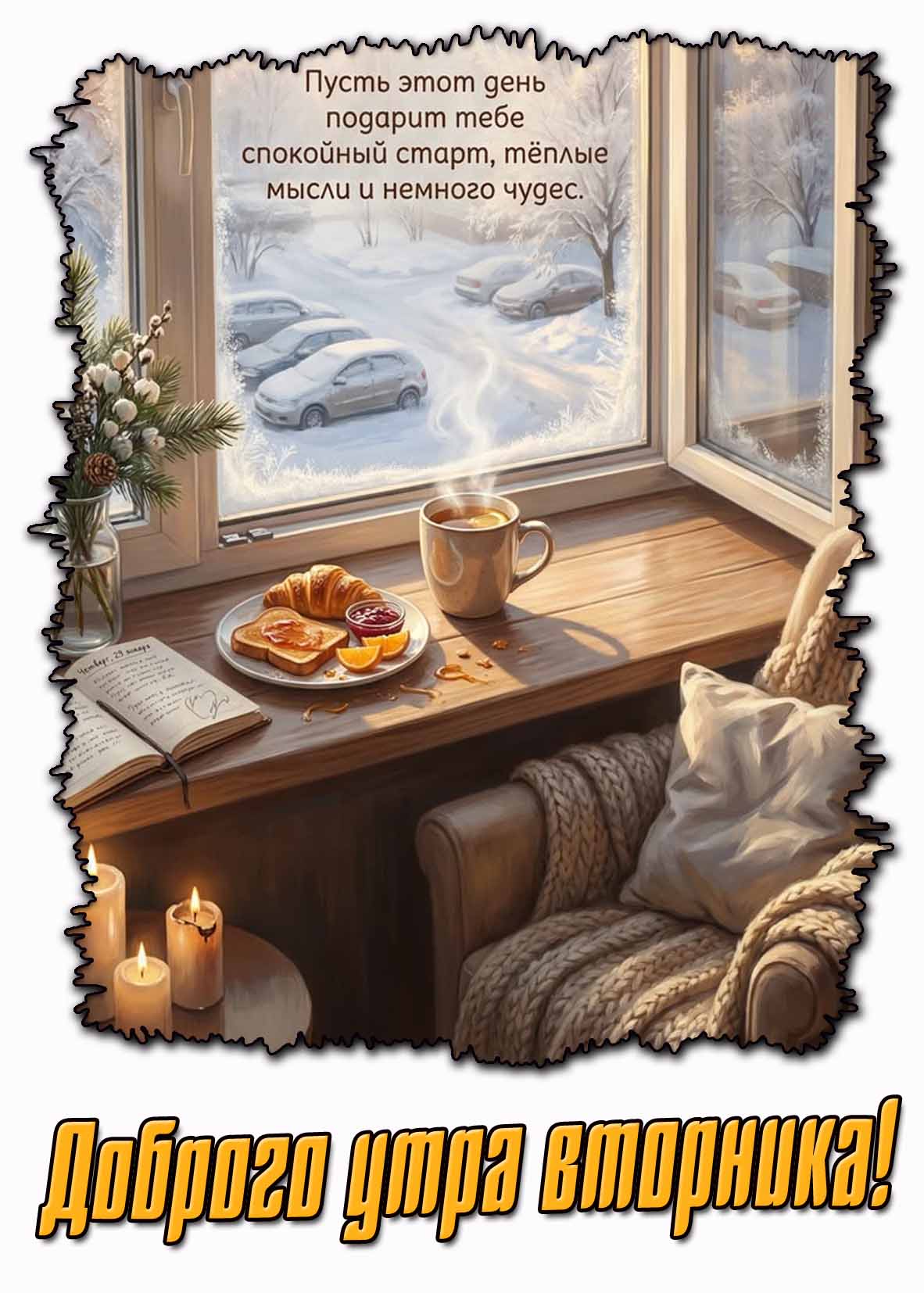 Зимняя картинка "Доброго утра вторника! Пусть этот день подарит тебе спокойной старт, тёплые мысли и немного чудес!"