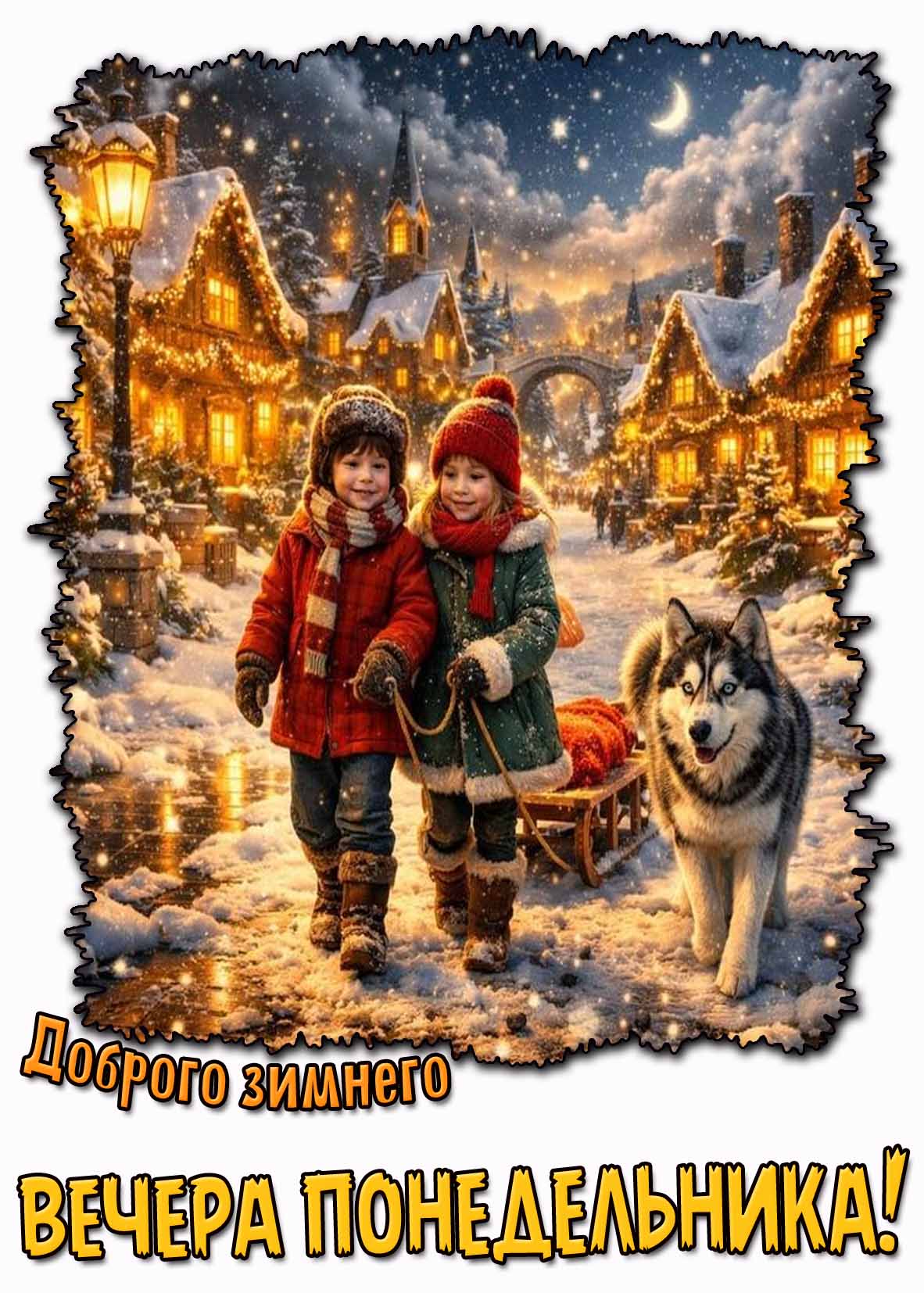 Доброго зимнего вечера понедельника! - открытка с детьми