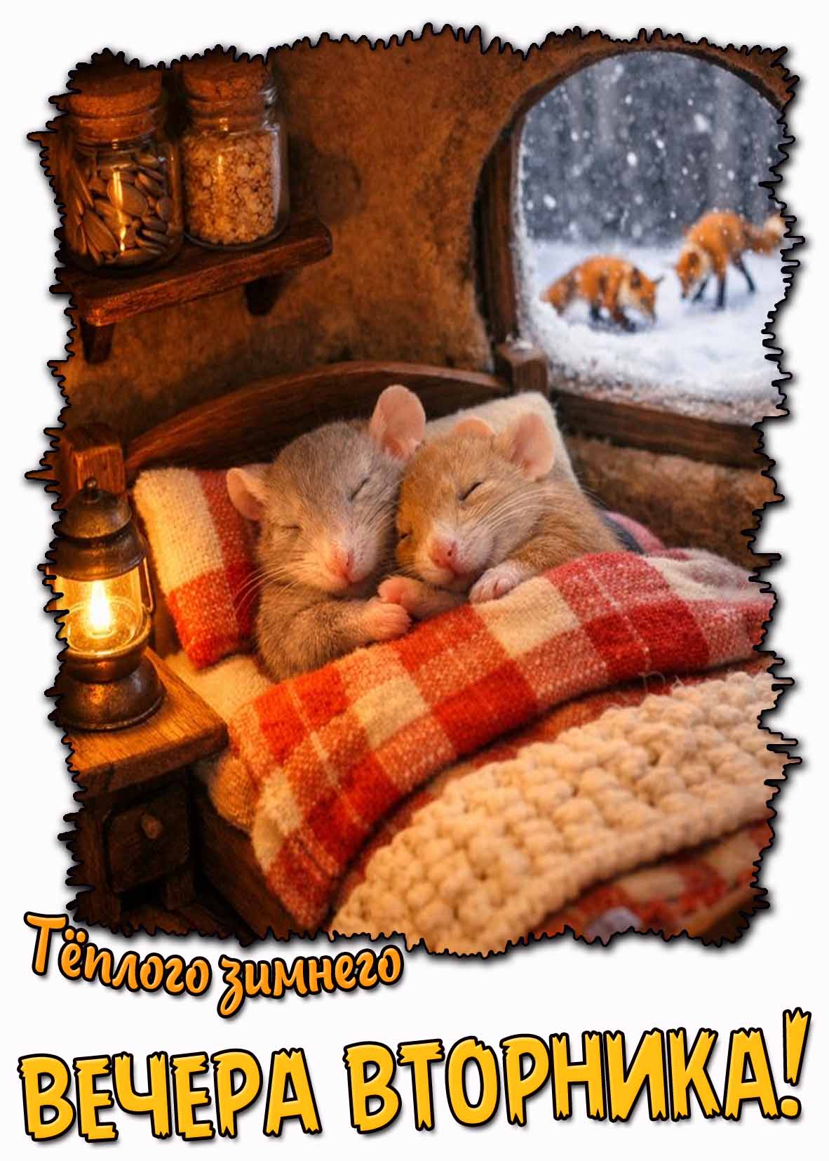 Тёплого зимнего вечера вторника! - прикольная открытка с мышатами