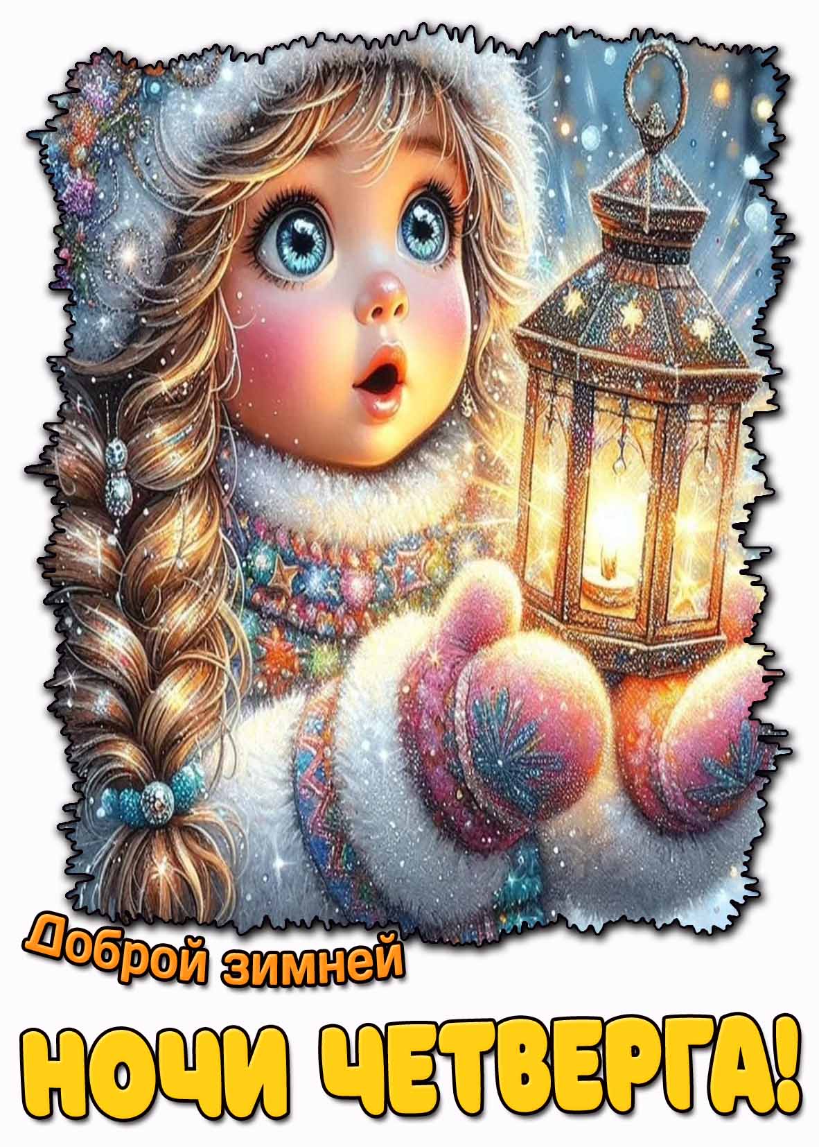 Доброй зимней ночи четверга! - прикольная открытка с девочкой