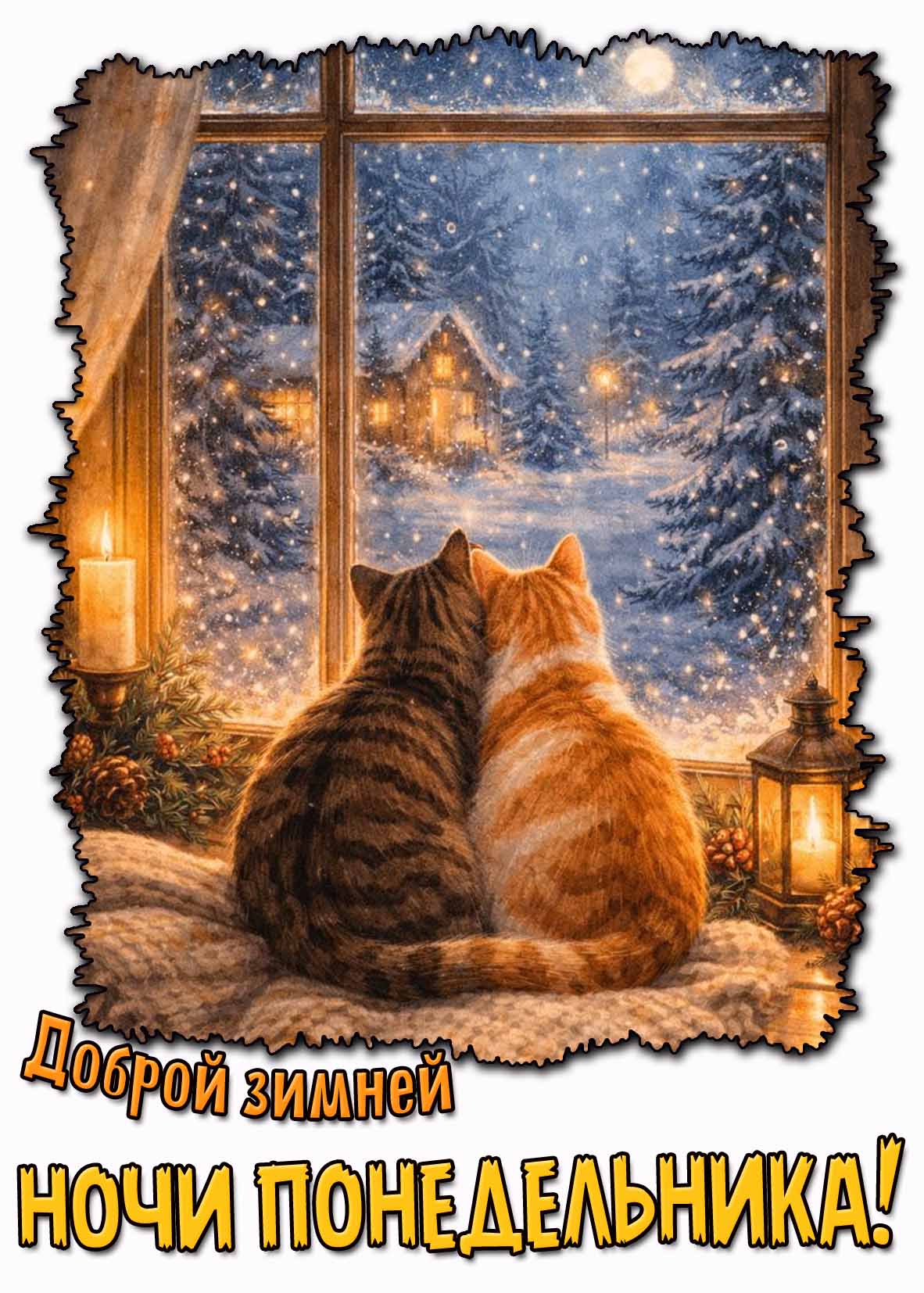 Доброй зимней ночи понедельника! - открытка с кошками