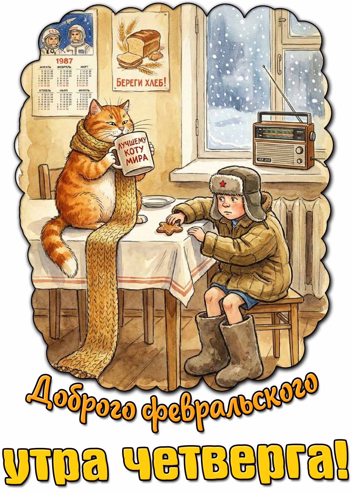 Советская открытка доброго февральского утра четверга