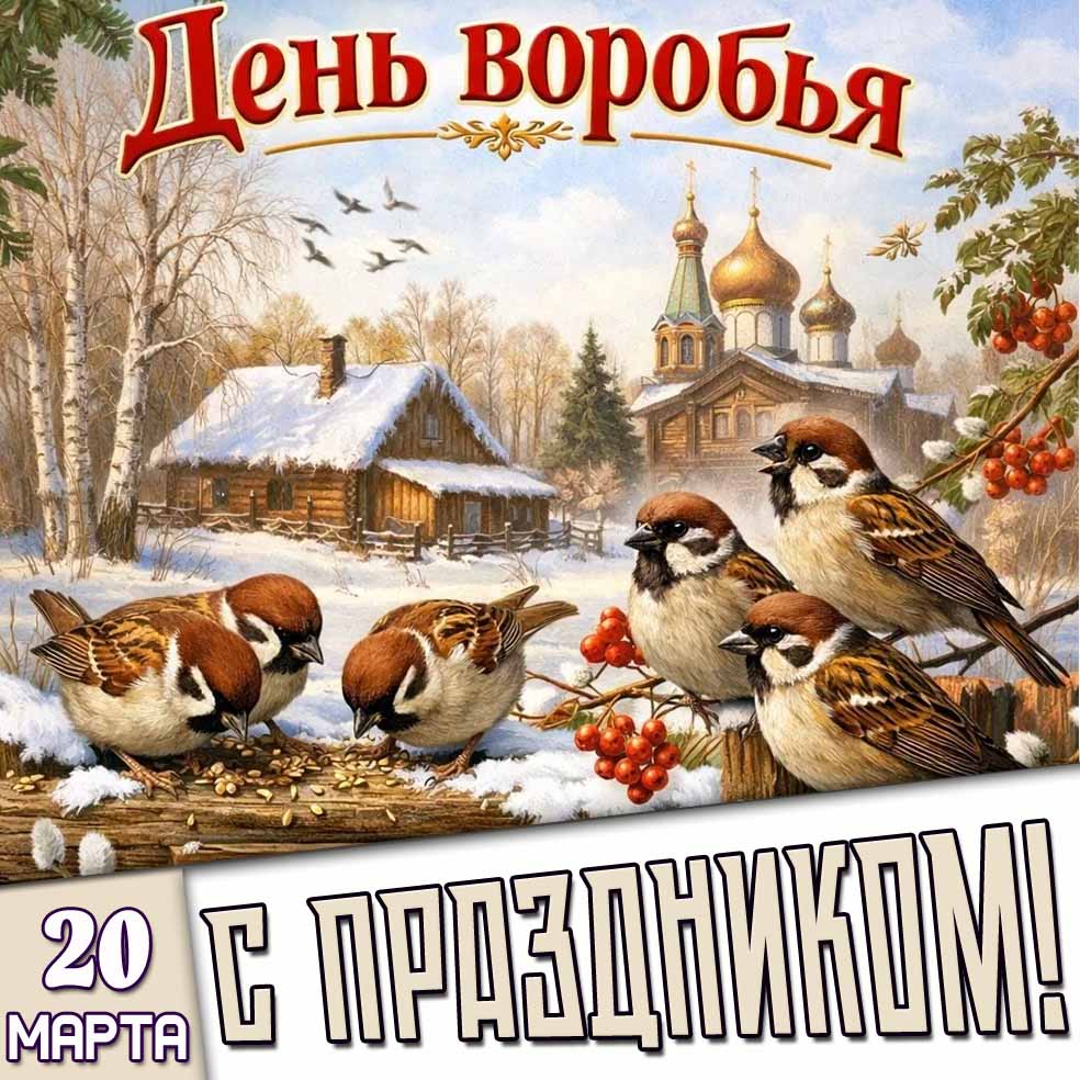 Открытка "20 марта - день воробья! С праздником!"