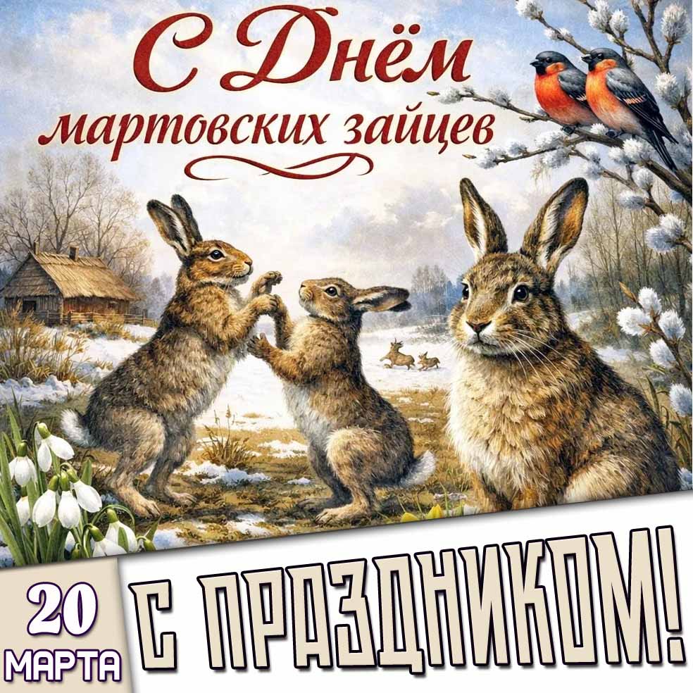 Открытка "20 марта - с днём мартовских зайцев! С праздником!"