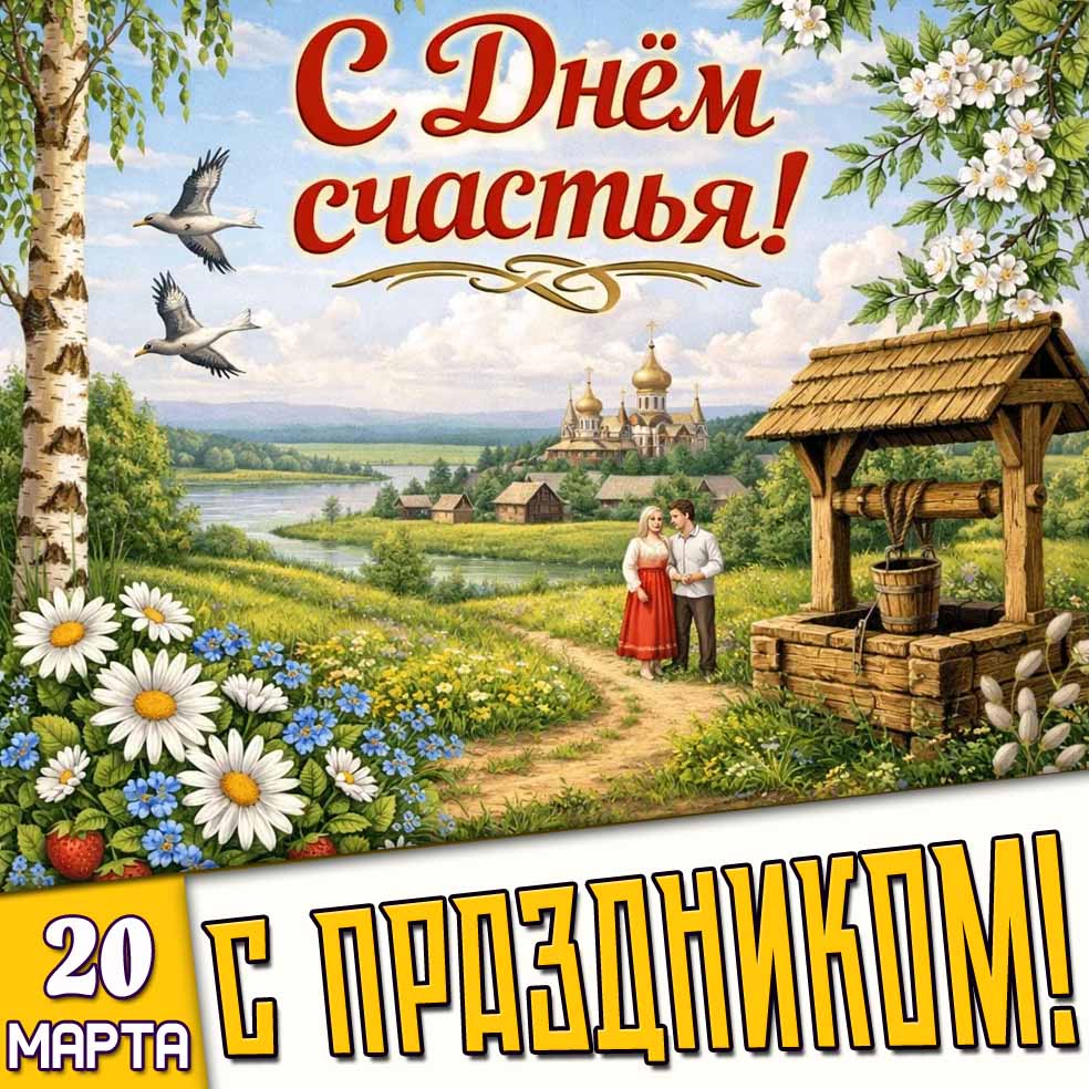 Открытка "20 марта - с днём счастья! С праздником!"