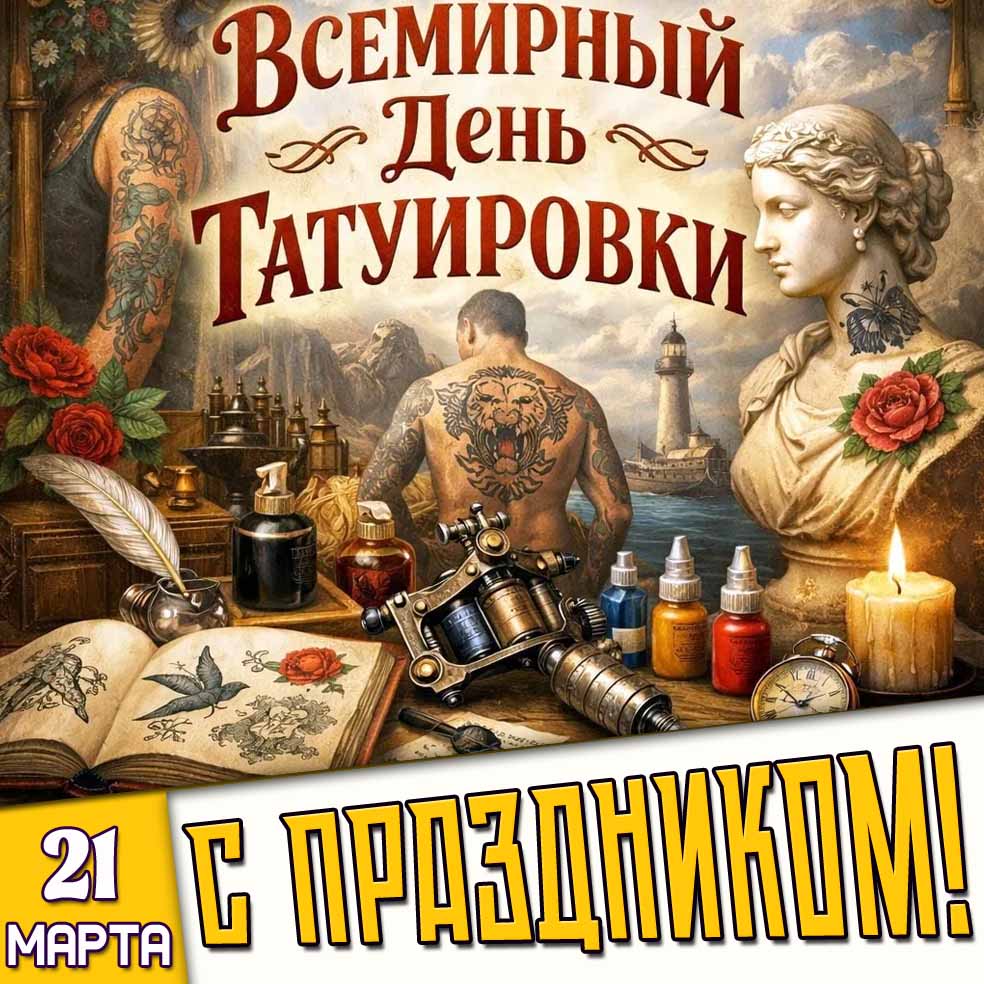 Открытка "21 марта - Всемирный день татуировки! С праздником!"
