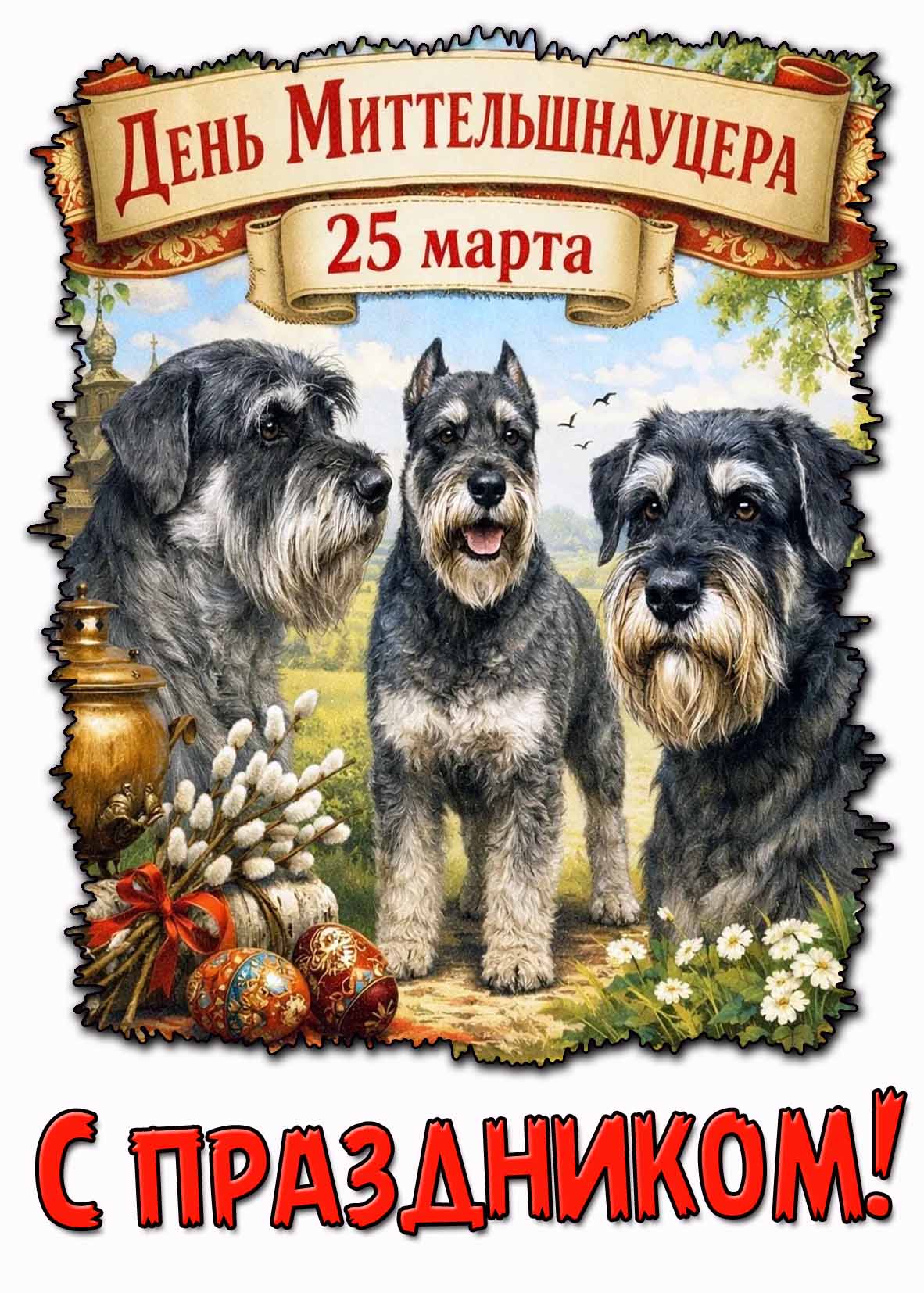 Открытка "25 марта - день миттельшнауцера! С Праздником!"
