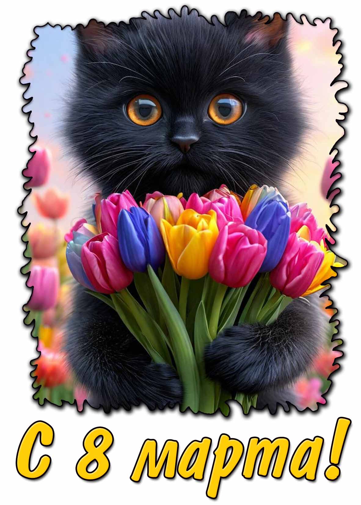 С 8 марта! - открытка с котиком с тюльпанами