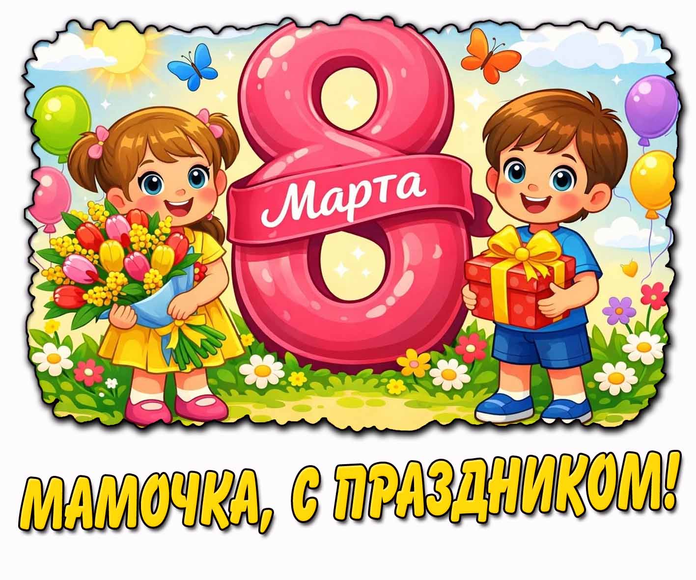 Детская открытка "8 марта! Мамочка, с праздником!"