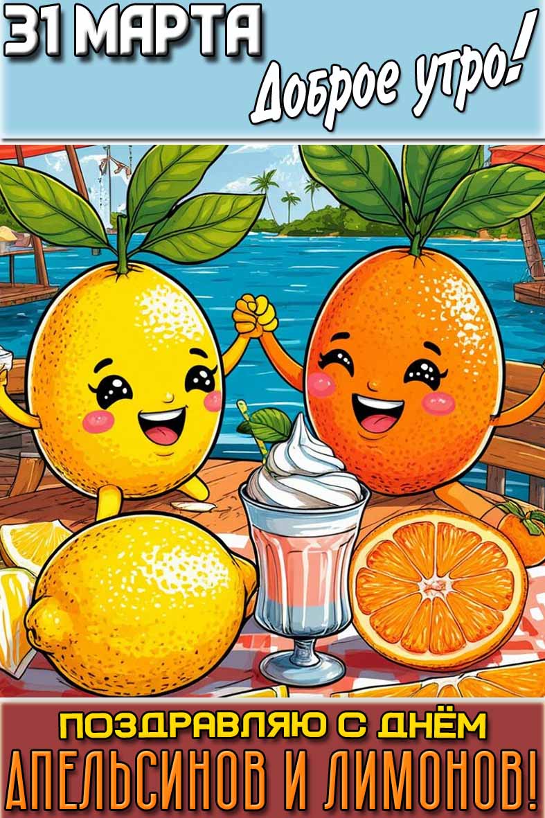 Открытка "31 марта доброе утро! Поздравляю с днём апельсинов и лимонов!"