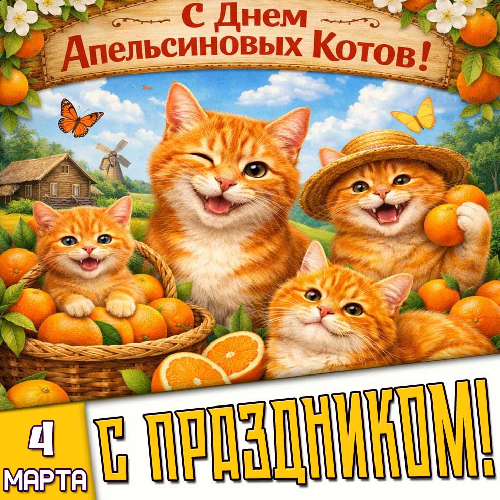 Красивая открытка "4 марта - с днём апельсиновых котов! С праздником!"