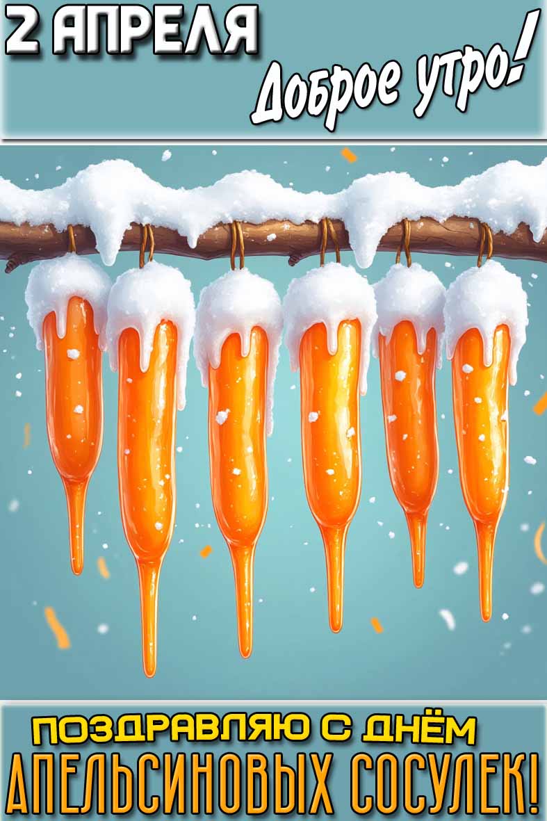 Открытка "2 апреля доброе утро! Поздравляю с днём апельсиновых сосулек!"