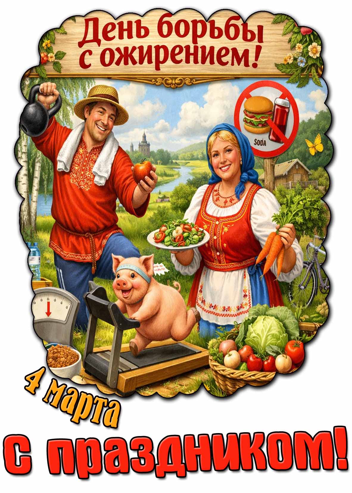 Прикольная открытка "4 марта - день борьбы с ожирением! С Праздником!"