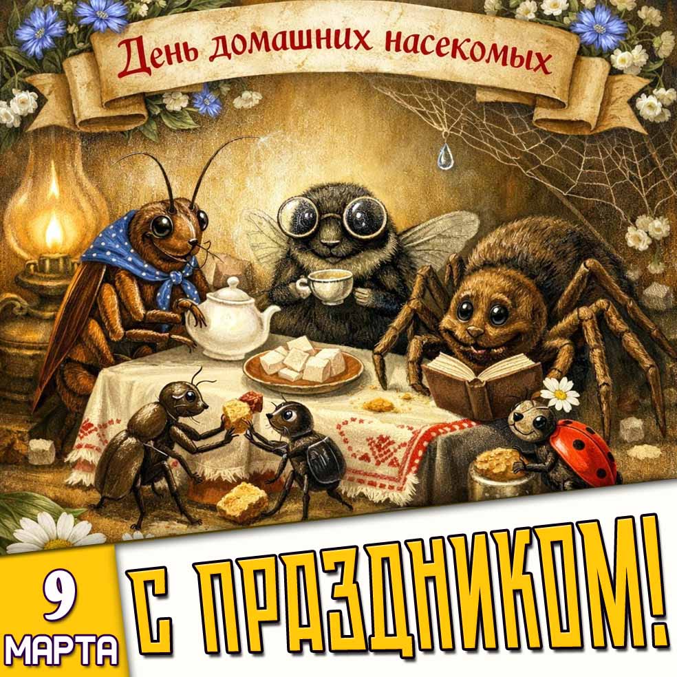 Открытка "9 марта - день домашних насекомых! С праздником!"