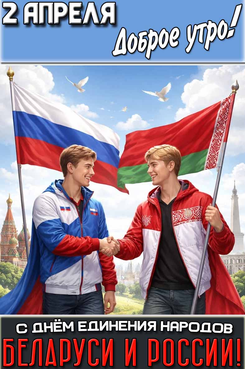 Открытка "2 апреля доброе утро! С днём единения народов Беларуси и России!"