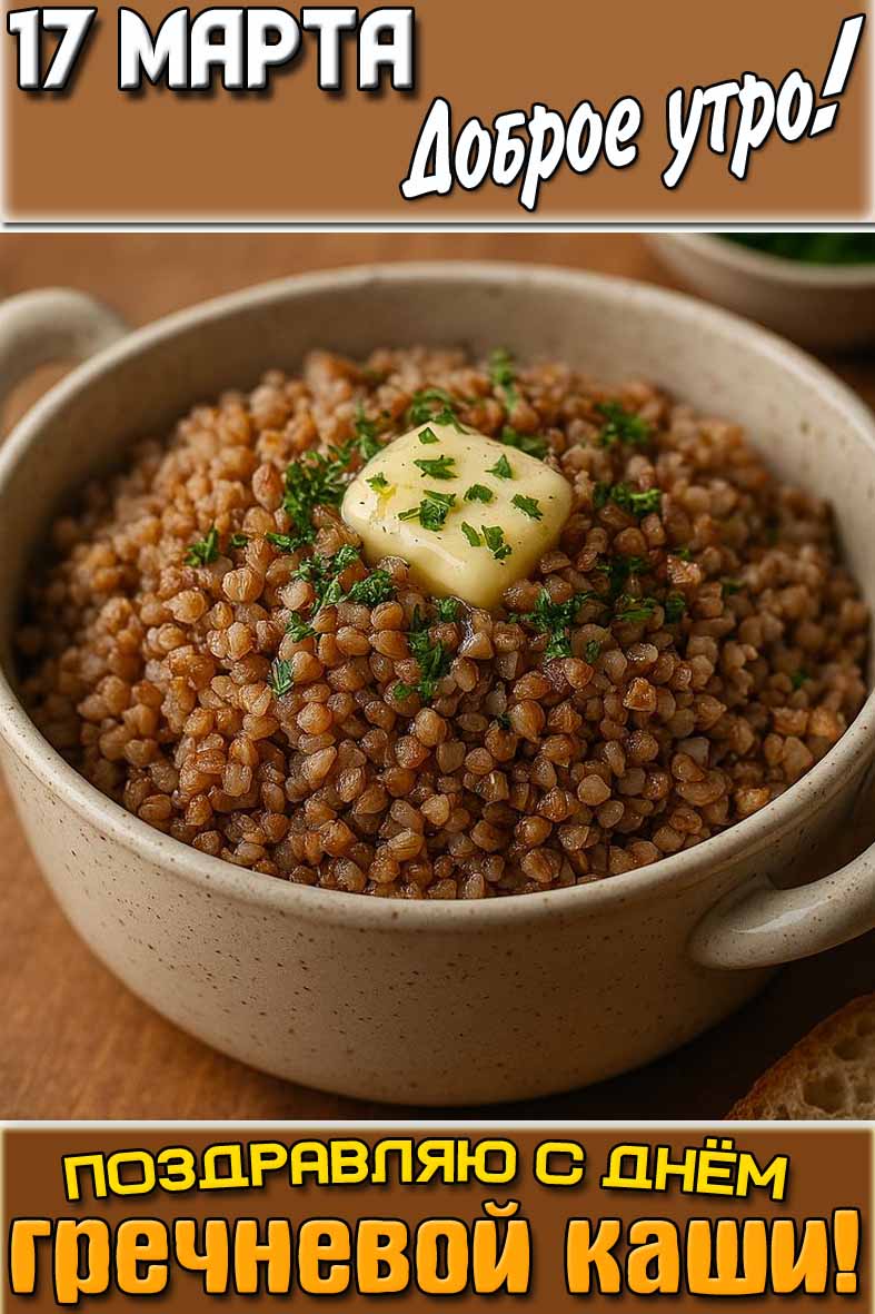 Открытка "17 марта доброе утро! Поздравляю с днём гречневой каши!"