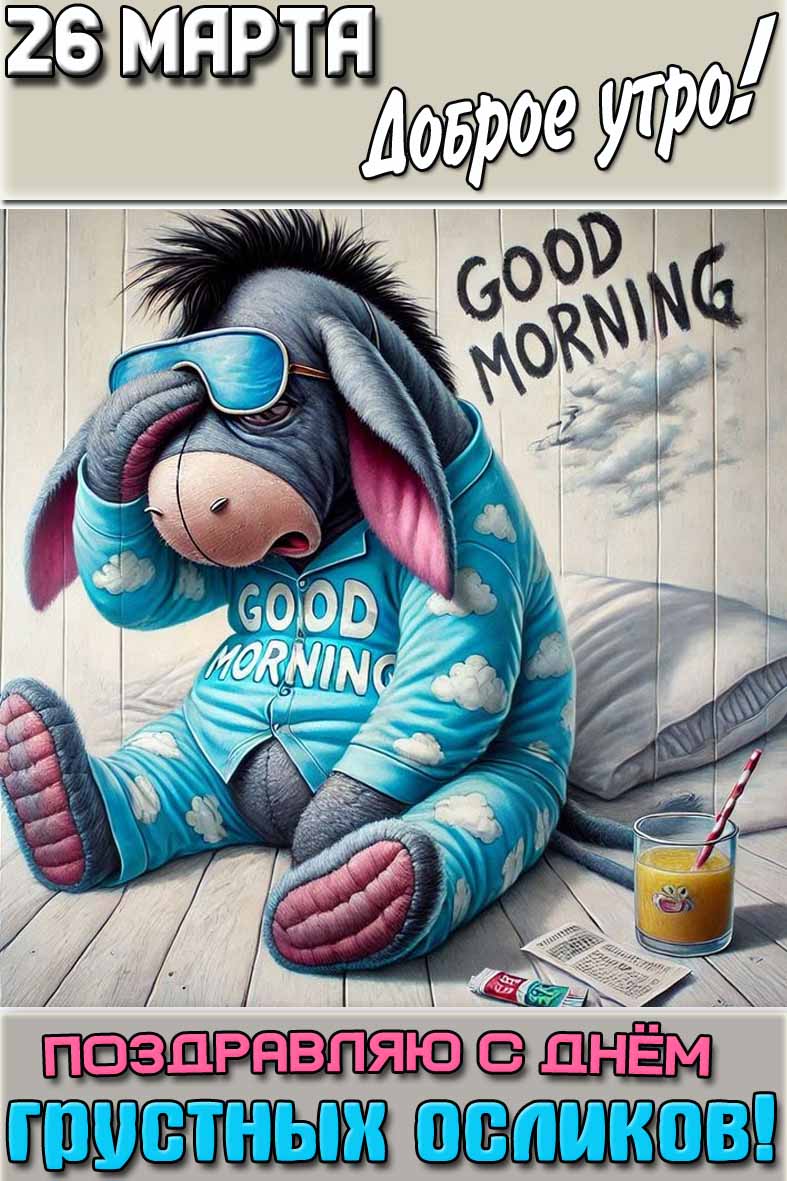 Открытка "26 марта доброе утро! Поздравляю с днём грустных осликов!"