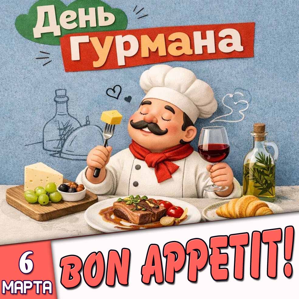 Прикольная открытка "6 марта - день гурмана! bon appetit!"
