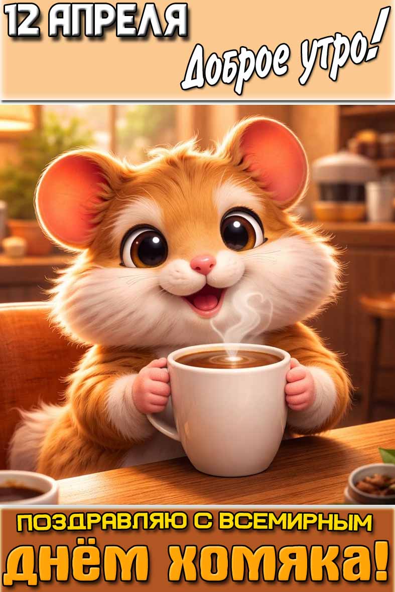 Открытка "12 апреля доброе утро! Поздравляю с Всемирным днём хомяка!"
