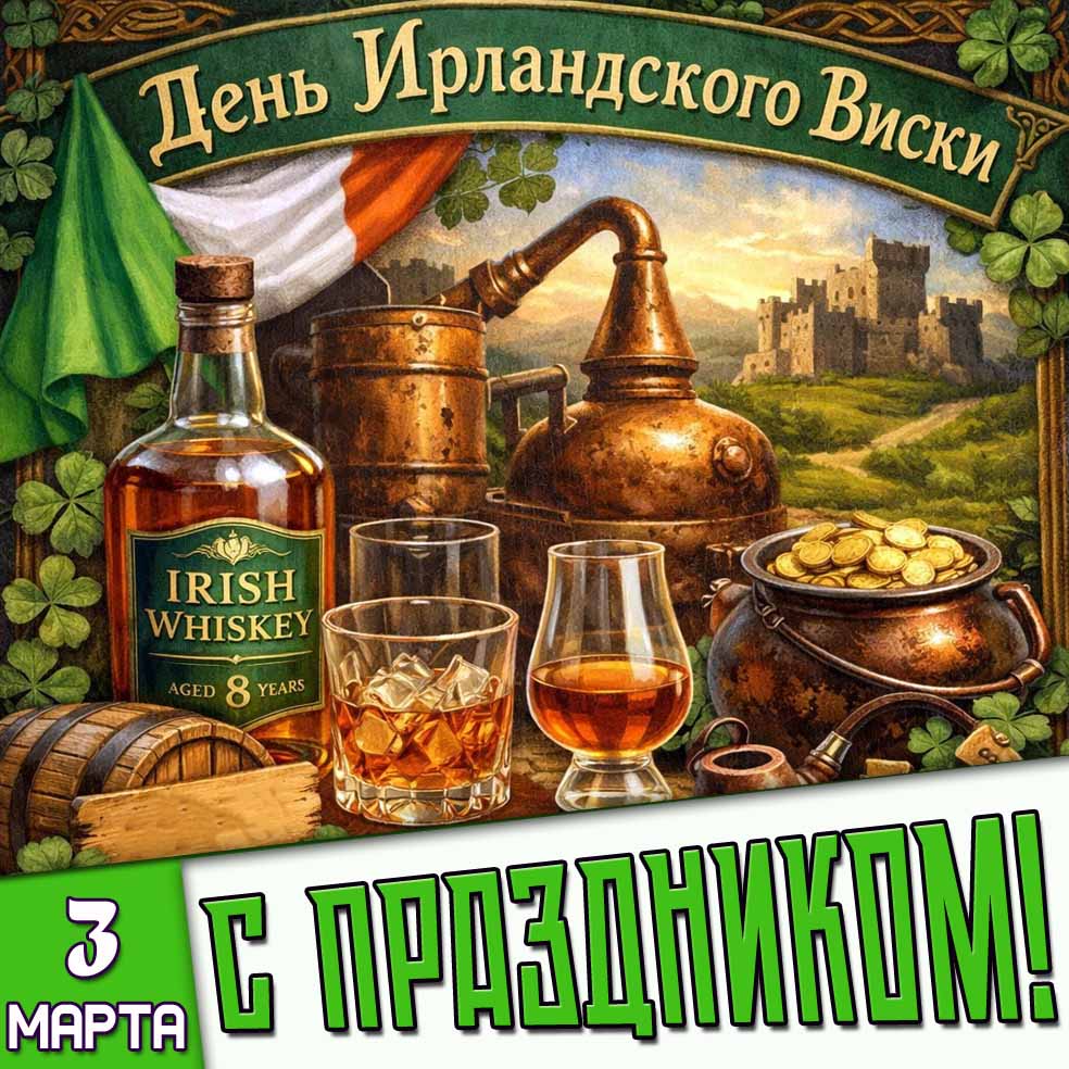 Открытка "3 марта - день ирландского виски! С праздником!"