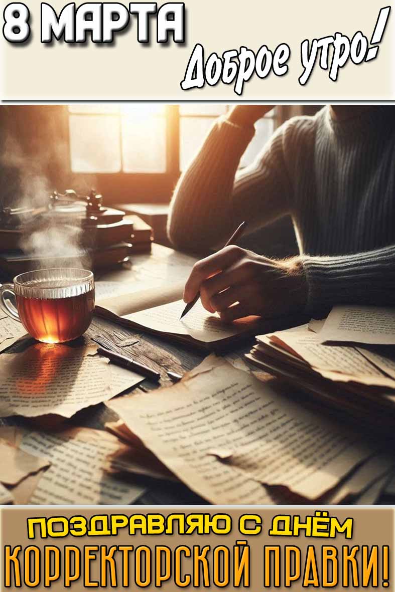 Открытка "8 марта доброе утро! Поздравляю с днём корректорской правки!"
