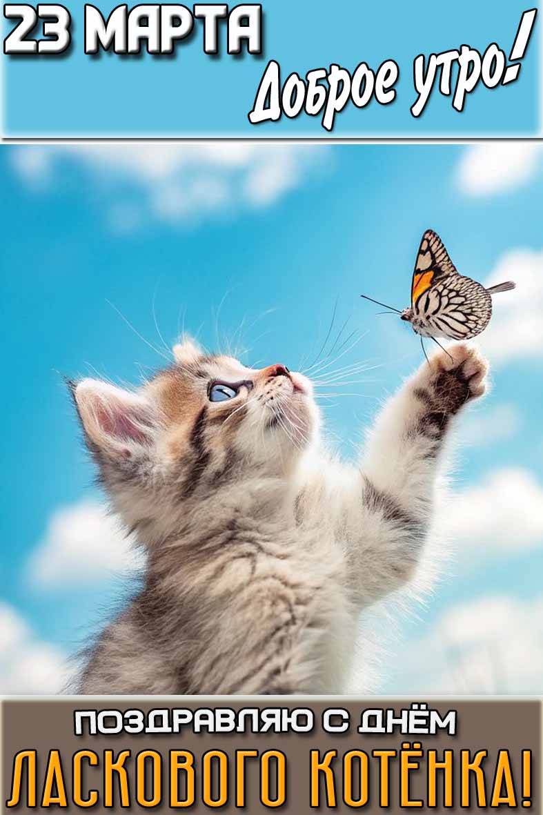 Открытка "23 марта доброе утро! Поздравляю с днём ласкового котёнка!"