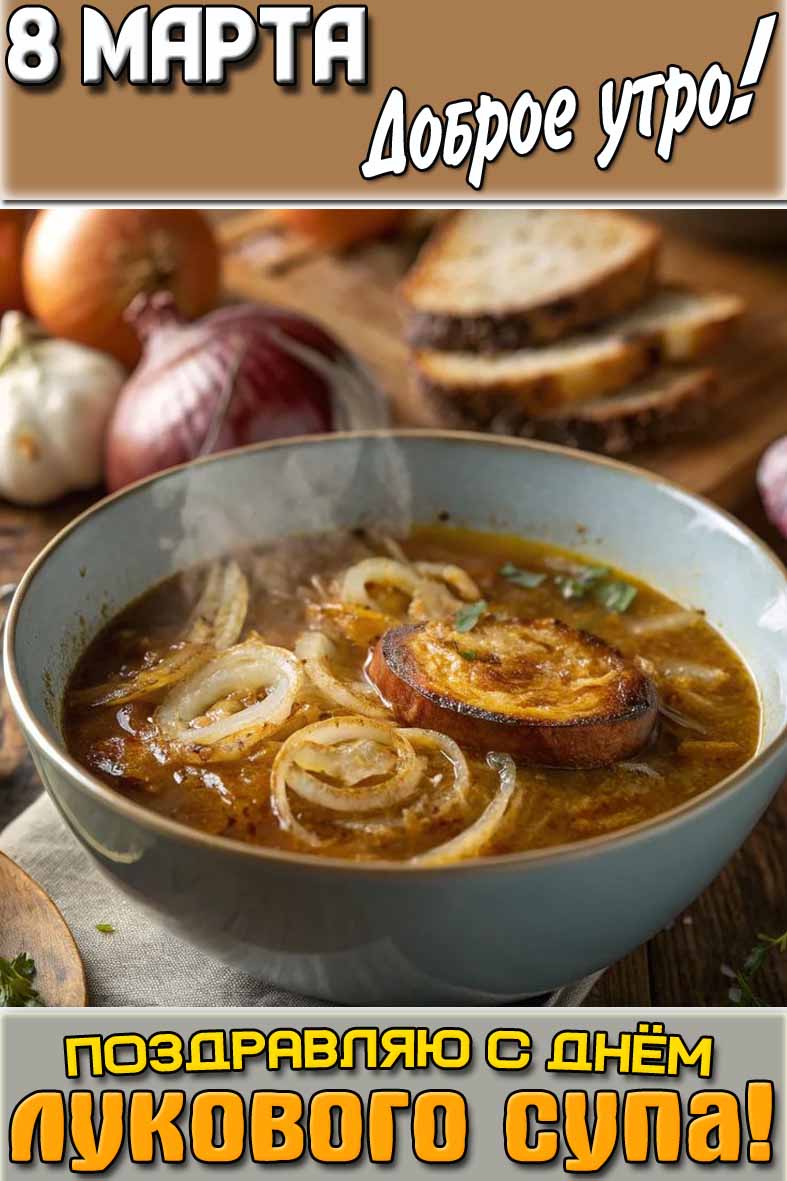 Открытка "8 марта доброе утро! Поздравляю с днём лукового супа!"