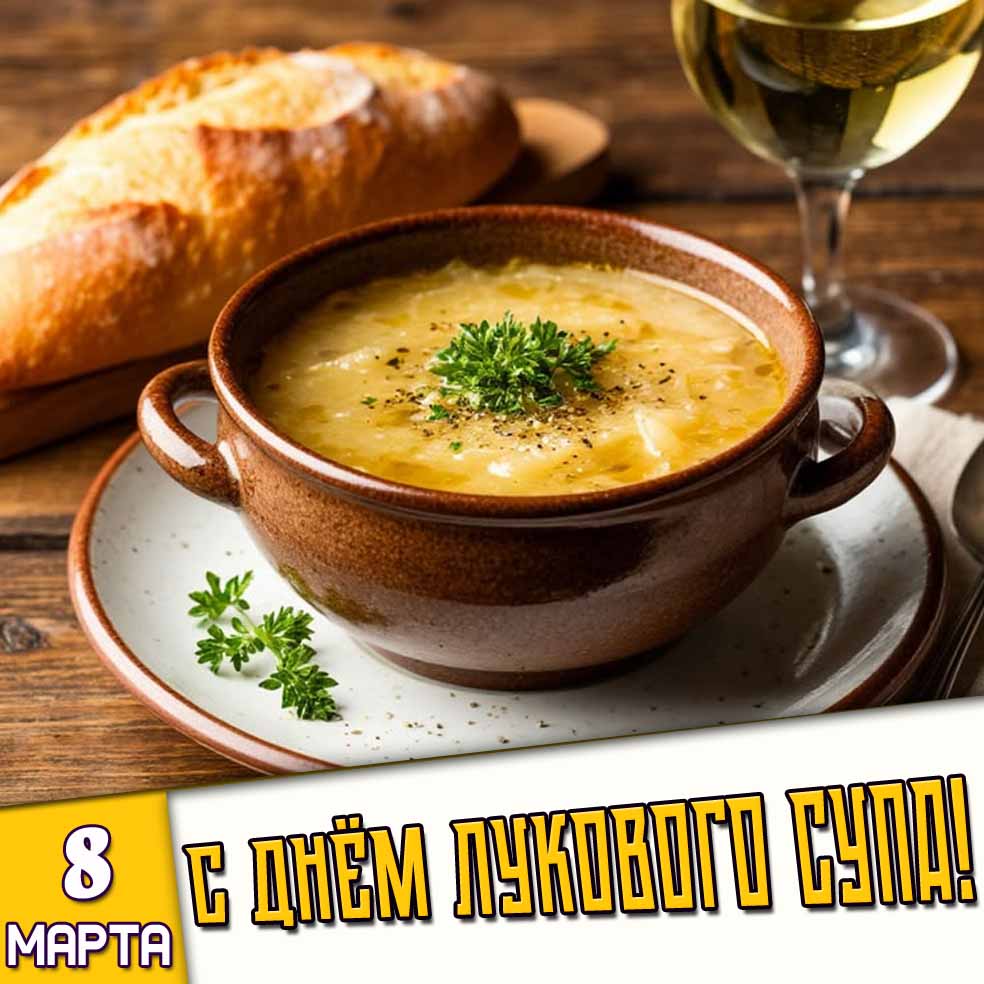 Открытка 8 марта - с днём лукового супа!