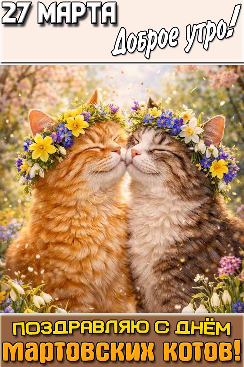 Открытка "27 марта доброе утро! Поздравляю с днём мартовских котов!"