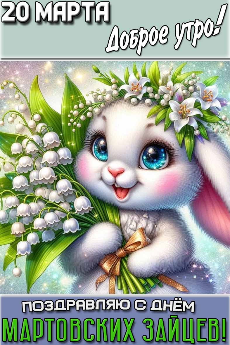 Открытка "20 марта доброе утро! Поздравляю с днём мартовских зайцев!"