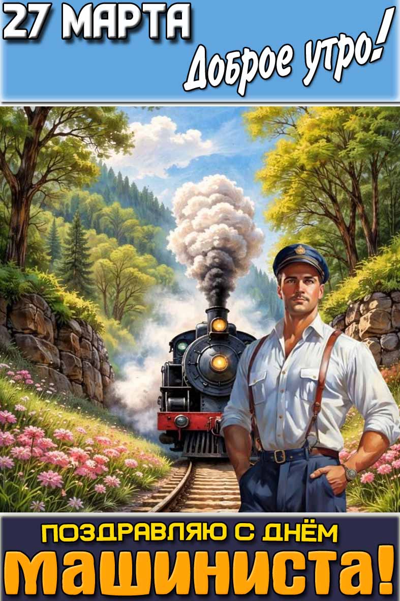 Открытка "27 марта доброе утро! Поздравляю с днём машиниста!"
