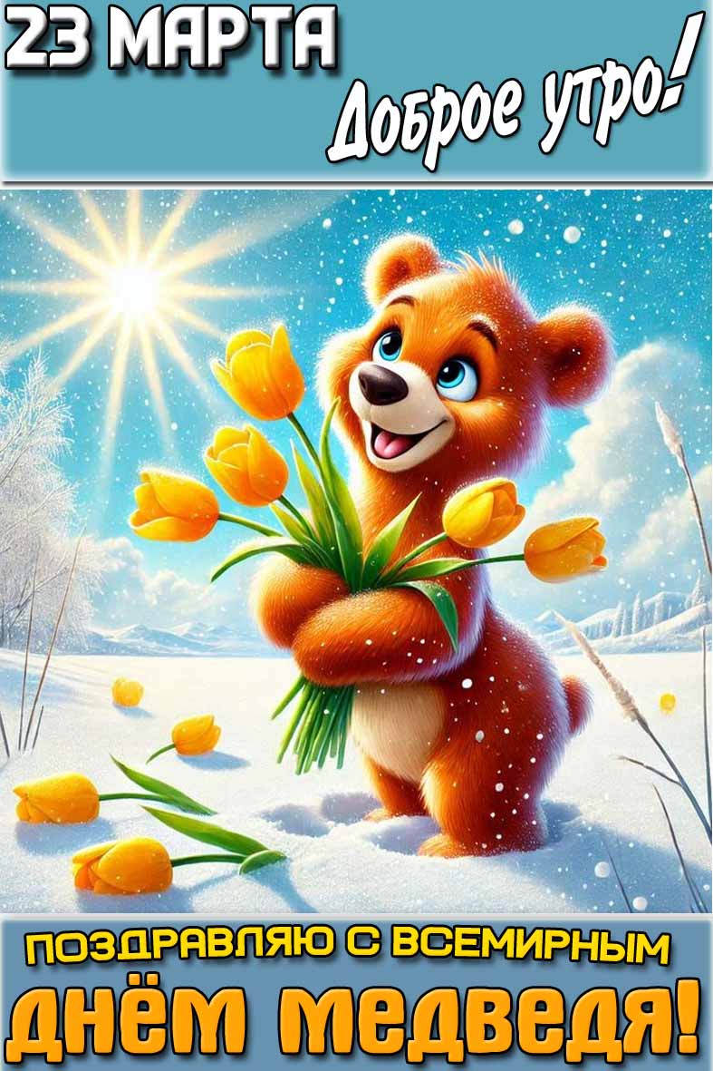 Открытка "23 марта доброе утро! Поздравляю с Всемирным днём медведя!"