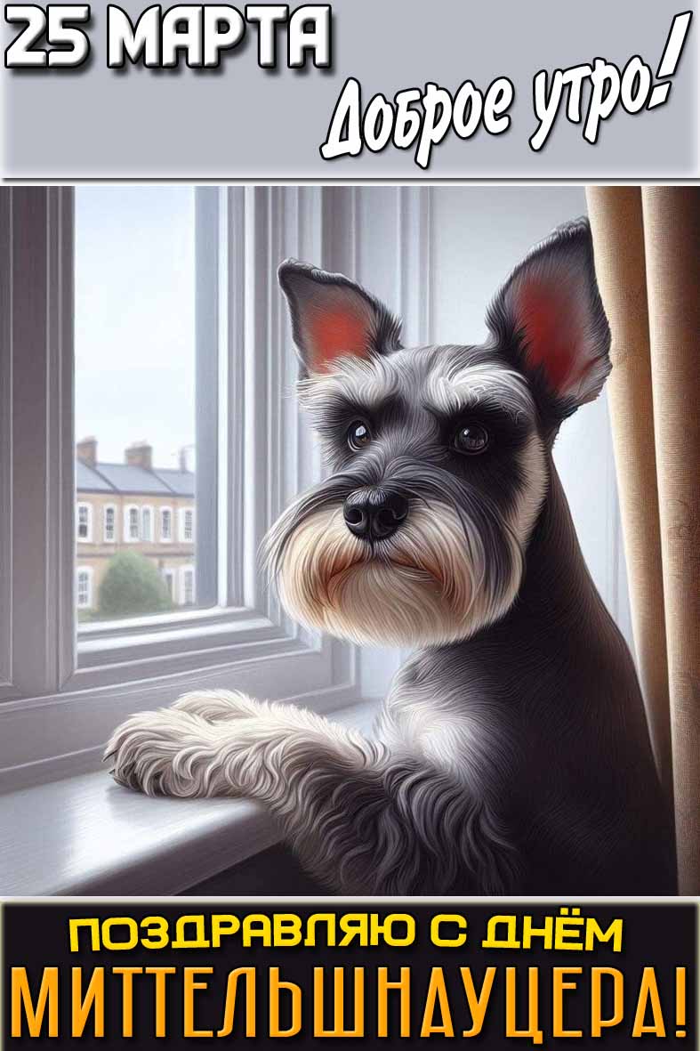 Открытка "25 марта доброе утро! Поздравляю с днём миттельшнауцера!"